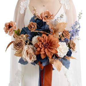 imageLings Moment Purple Blue Wedding Bouquets for Bride Lilac Bridal Bouquets for Bride 13 Inch Free Form Artificial Wedding Flower BouquetBluburnt Orange  Navy