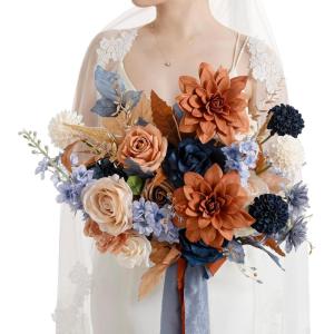 imageLings Moment Purple Blue Wedding Bouquets for Bride Lilac Bridal Bouquets for Bride 13 Inch Free Form Artificial Wedding Flower BouquetOrburnt Orange  Navy