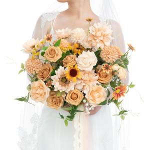 imageLings Moment Purple Blue Wedding Bouquets for Bride Lilac Bridal Bouquets for Bride 13 Inch Free Form Artificial Wedding Flower BouquetOrsunflower  Peach