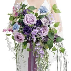 imageLings Moment Purple Blue Wedding Bouquets for Bride Lilac Bridal Bouquets for Bride 13 Inch Free Form Artificial Wedding Flower BouquetPrpllilac  Gold