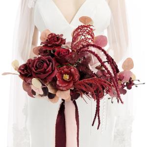 imageLings Moment Purple Blue Wedding Bouquets for Bride Lilac Bridal Bouquets for Bride 13 Inch Free Form Artificial Wedding Flower BouquetRedburgundy  Dusty Rose