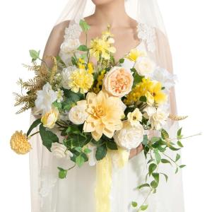 imageLings Moment Purple Blue Wedding Bouquets for Bride Lilac Bridal Bouquets for Bride 13 Inch Free Form Artificial Wedding Flower BouquetYlwcreamy Yellowscallion Green