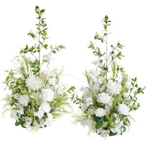 imageLings Moment 410quot Tall FreeStanding Wedding Aisle Artificial Flowers for Ceremony Decor 2PCS White Walkway Floral Chair Markers Faux Rose Altar Arch Arrangement Spring Decorations OutdoorWhtwhite  Lily  Olive
