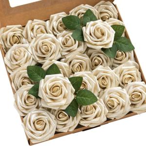 imageLings Moment Artificial Flowers 25Pcs Mauve Plum Roses Decor wStems3quot Real Touch DIY Foam Floral for Wedding BouquetCenterpieces Outdoors Party Backdrop RoomTable and GardenPot DecorationsGld Champagne Gold Rose