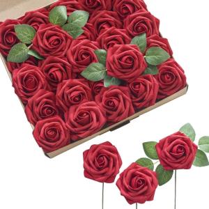imageLings Moment Artificial Flowers 25Pcs Mauve Plum Roses Decor wStems3quot Real Touch DIY Foam Floral for Wedding BouquetCenterpieces Outdoors Party Backdrop RoomTable and GardenPot DecorationsRd Red
