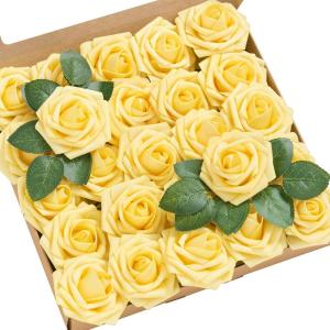 imageLings Moment Artificial Flowers 25Pcs Mauve Plum Roses Decor wStems3quot Real Touch DIY Foam Floral for Wedding BouquetCenterpieces Outdoors Party Backdrop RoomTable and GardenPot DecorationsYl French Yellow