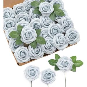 imageLings Moment Artificial Flowers 25Pcs Mauve Plum Roses Decor wStems3quot Real Touch DIY Foam Floral for Wedding BouquetCenterpieces Outdoors Party Backdrop RoomTable and GardenPot DecorationsBlu Powder Blue