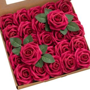 imageLings Moment Artificial Flowers 25Pcs Mauve Plum Roses Decor wStems3quot Real Touch DIY Foam Floral for Wedding BouquetCenterpieces Outdoors Party Backdrop RoomTable and GardenPot DecorationsPk Hot Pink