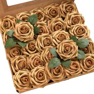 imageLings Moment Artificial Flowers 25Pcs Mauve Plum Roses Decor wStems3quot Real Touch DIY Foam Floral for Wedding BouquetCenterpieces Outdoors Party Backdrop RoomTable and GardenPot DecorationsGld Gold