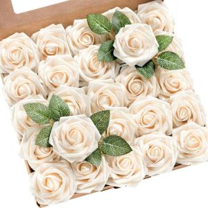 imageLings Moment Artificial Flowers 25Pcs Mauve Plum Roses Decor wStems3quot Real Touch DIY Foam Floral for Wedding BouquetCenterpieces Outdoors Party Backdrop RoomTable and GardenPot DecorationsWht Glowing Cream