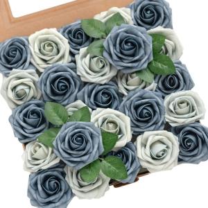 imageLings Moment Artificial Flowers 25Pcs Mauve Plum Roses Decor wStems3quot Real Touch DIY Foam Floral for Wedding BouquetCenterpieces Outdoors Party Backdrop RoomTable and GardenPot DecorationsBlu Dutch Blue  Dusty Blue