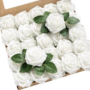 imageLings Moment Artificial Flowers 25Pcs Mauve Plum Roses Decor wStems3quot Real Touch DIY Foam Floral for Wedding BouquetCenterpieces Outdoors Party Backdrop RoomTable and GardenPot DecorationsWht Glowing White