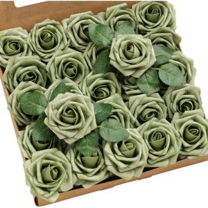 imageLings Moment Artificial Flowers 25Pcs Mauve Plum Roses Decor wStems3quot Real Touch DIY Foam Floral for Wedding BouquetCenterpieces Outdoors Party Backdrop RoomTable and GardenPot DecorationsGn Elf Green