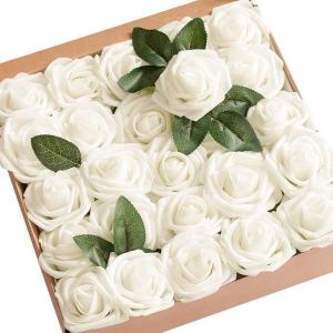 imageLings Moment Artificial Flowers 25Pcs Mauve Plum Roses Decor wStems3quot Real Touch DIY Foam Floral for Wedding BouquetCenterpieces Outdoors Party Backdrop RoomTable and GardenPot DecorationsWht Ivory
