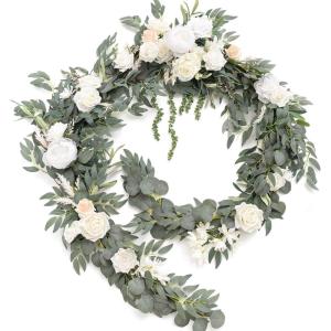 imageLings moment 9FT Eucalyptus and Willow Leaf Garland with White Flower Handcrafted Wedding Sweetheart Table Centerpieces Head Table Decor Arch Backdrop Decorations for Wedding  Red ampamp WhiteWhtsage Green