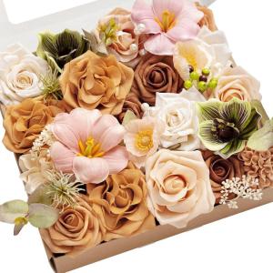 imageLings moment Fake Flowers Box Faux Artificial Greenery Stems Foam Roses Silk Fabic Flower for Centerpieces Bouquet Wedding Table Floral Arrangements Bridal Shower Party Tawny Beige Deluxe ComboOrapricot  Peach