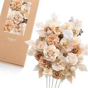 imageLings moment Fake Flowers Box Faux Artificial Greenery Stems Foam Roses Silk Fabic Flower for Centerpieces Bouquet Wedding Table Floral Arrangements Bridal Shower Party Tawny Beige Deluxe ComboBegtawny Beige