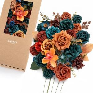 imageLings moment Fake Flowers Box Faux Artificial Greenery Stems Foam Roses Silk Fabic Flower for Centerpieces Bouquet Wedding Table Floral Arrangements Bridal Shower Party Tawny Beige Deluxe ComboOrteal  Burnt Orange