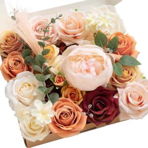 imageLings moment Fake Flowers Box Faux Artificial Greenery Stems Foam Roses Silk Fabic Flower for Centerpieces Bouquet Wedding Table Floral Arrangements Bridal Shower Party Tawny Beige Deluxe ComboOrrust  Orange