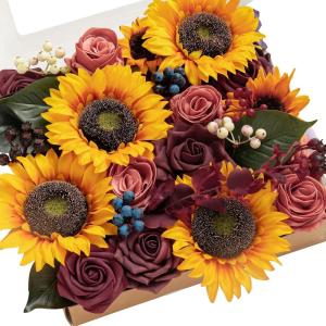 imageLings moment Fake Flowers Box Faux Artificial Greenery Stems Foam Roses Silk Fabic Flower for Centerpieces Bouquet Wedding Table Floral Arrangements Bridal Shower Party Tawny Beige Deluxe ComboOrsunflower  Marsala