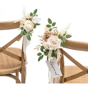 imageLings moment 8 Wedding Artificial Aisle Pew Flowers Chair Markers Decorations Arrangements with Chiffon Ribbons Purple ampamp Blue for Ceremony Floral Reception Home Church Rose Party Outdoor Party DecorWhite  Beige