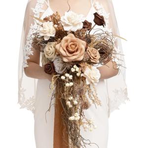 imageLings moment Beige Bridal Bouquet Cascading Brown Wedding Bouquets for Bride 13 Inch Bride Bouquets for Wedding Artificial Flowers Bouquets