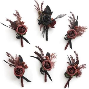 imageLings moment Boutonniere for Men 6pcs Groom Groomsmen Boutonniere Artificial Flowers for Wedding DecorPromHomecoming etcSand Beige WhiteBlkblack  Gothic Burgundy