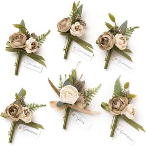 imageLings moment Boutonniere for Men 6pcs Groom Groomsmen Boutonniere Artificial Flowers for Wedding DecorPromHomecoming etcSand Beige WhiteBrnbrown