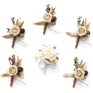 imageLings moment Boutonniere for Men 6pcs Groom Groomsmen Boutonniere Artificial Flowers for Wedding DecorPromHomecoming etcSand Beige WhiteBrnbrown Beige  White