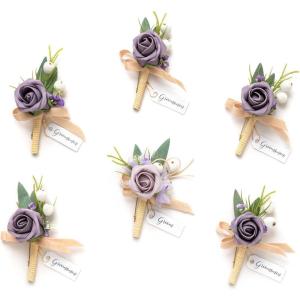 imageLings moment Boutonniere for Men 6pcs Groom Groomsmen Boutonniere Artificial Flowers for Wedding DecorPromHomecoming etcSand Beige WhiteBrnlilac  Berry