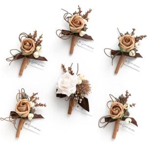 imageLings moment Boutonniere for Men 6pcs Groom Groomsmen Boutonniere Artificial Flowers for Wedding DecorPromHomecoming etcSand Beige WhiteBrnsand Beige  White