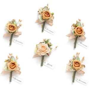 imageLings moment Boutonniere for Men 6pcs Groom Groomsmen Boutonniere Artificial Flowers for Wedding DecorPromHomecoming etcSand Beige WhiteOryellow Apricot  Peach