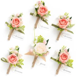 imageLings moment Boutonniere for Men 6pcs Groom Groomsmen Boutonniere Artificial Flowers for Wedding DecorPromHomecoming etcSand Beige WhitePkblush Pink  Coral