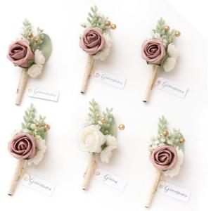 imageLings moment Boutonniere for Men 6pcs Groom Groomsmen Boutonniere Artificial Flowers for Wedding DecorPromHomecoming etcSand Beige WhitePkpink  Dusty Rose