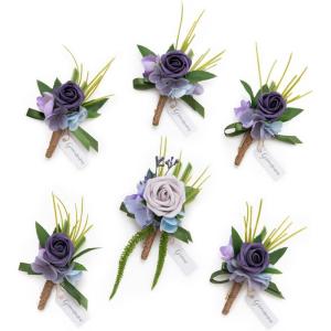 imageLings moment Boutonniere for Men 6pcs Groom Groomsmen Boutonniere Artificial Flowers for Wedding DecorPromHomecoming etcSand Beige WhitePrplpurple