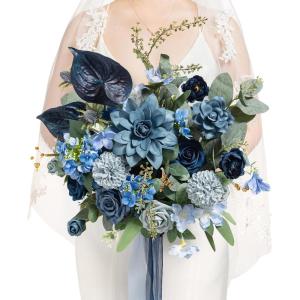 imageLings moment Dusty Rose Wedding Bouquets for Bride Pink Bridal Bouquets for Bride 13 Inch Free Form Artificial Wedding Flower BouquetBludusty Blue  Navy2