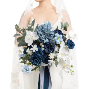 imageLings moment Dusty Rose Wedding Bouquets for Bride Pink Bridal Bouquets for Bride 13 Inch Free Form Artificial Wedding Flower BouquetBlunavy Blue  White