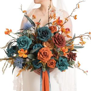 imageLings moment Dusty Rose Wedding Bouquets for Bride Pink Bridal Bouquets for Bride 13 Inch Free Form Artificial Wedding Flower BouquetOrdark Teal  Burnt Orange