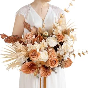 imageLings moment Dusty Rose Wedding Bouquets for Bride Pink Bridal Bouquets for Bride 13 Inch Free Form Artificial Wedding Flower BouquetOrterracotta Boho