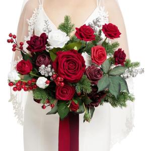 imageLings moment Dusty Rose Wedding Bouquets for Bride Pink Bridal Bouquets for Bride 13 Inch Free Form Artificial Wedding Flower BouquetRedchristmas Red