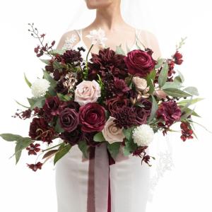 imageLings moment Dusty Rose Wedding Bouquets for Bride Pink Bridal Bouquets for Bride 13 Inch Free Form Artificial Wedding Flower BouquetRedmarsala  Blush