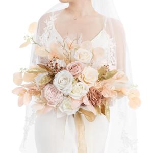 imageLings moment Dusty Rose Wedding Bouquets for Bride Pink Bridal Bouquets for Bride 13 Inch Free Form Artificial Wedding Flower BouquetWhtbeige