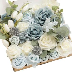 imageLings moment Fake Flowers Box Faux Artificial Greenery Stems Foam Roses Silk Leaves for Centerpieces Bouquet Wedding Floral Arrangements Bridal Shower Party Lavender ampamp Cream Deluxe ComboBludusty Blue  White