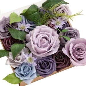 imageLings moment Fake Flowers Box Faux Artificial Greenery Stems Foam Roses Silk Leaves for Centerpieces Bouquet Wedding Floral Arrangements Bridal Shower Party Lavender ampamp Cream Deluxe ComboPrpllavender  Purple