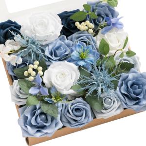 imageLings moment Fake Flowers Box Faux Artificial Greenery Stems Foam Roses Silk Leaves for Centerpieces Bouquet Wedding Floral Arrangements Bridal Shower Party Lavender ampamp Cream Deluxe ComboBludusty Blue  Ivory  Sage