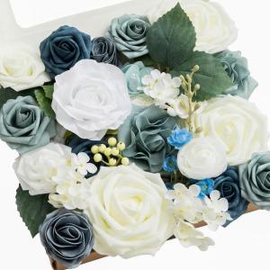 imageLings moment Fake Flowers Box Faux Artificial Greenery Stems Foam Roses Silk Leaves for Centerpieces Bouquet Wedding Floral Arrangements Bridal Shower Party Lavender ampamp Cream Deluxe ComboBludusty Blue  Ivory