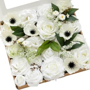 imageLings moment Fake Flowers Box Faux Artificial Greenery Stems Foam Roses Silk Leaves for Centerpieces Bouquet Wedding Floral Arrangements Bridal Shower Party Lavender ampamp Cream Deluxe ComboWhtwhite  Dark Green