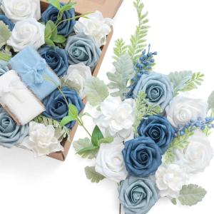 imageLings moment Fake Flowers Box Faux Artificial Greenery Stems Foam Roses Silk Leaves for Centerpieces Bouquet Wedding Floral Arrangements Bridal Shower Party Lavender ampamp Cream Deluxe ComboBludusty Blue  Navy  White