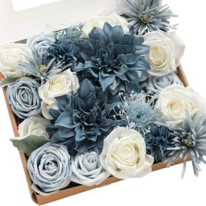 imageLings moment Fake Flowers Box Faux Artificial Greenery Stems Foam Roses Silk Leaves for Centerpieces Bouquet Wedding Floral Arrangements Bridal Shower Party Lavender ampamp Cream Deluxe ComboBludusty Blue  Navy
