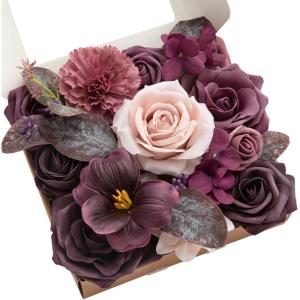 imageLings moment Fake Flowers Box Faux Artificial Greenery Stems Foam Roses Silk Leaves for Centerpieces Bouquet Wedding Floral Arrangements Bridal Shower Party Lavender ampamp Cream Deluxe ComboPrplplum  Plum Lily